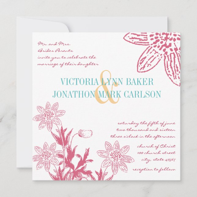 Pink and Mint Gerber Daisy Wedding Invites (Front)