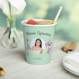 Pink and Mint Green Cherry Blossom Custom Photo Paper Cups