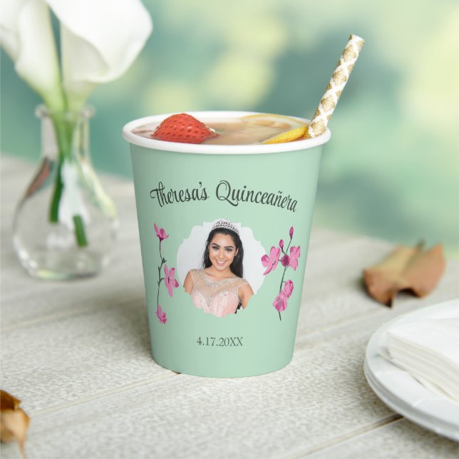 Pink and Mint Green Cherry Blossom Custom Photo Paper Cups (Insitu)