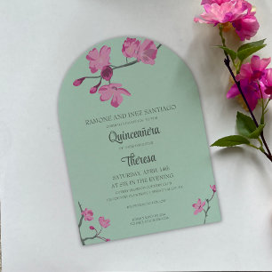 Pink and Mint Green Cherry Blossom Quinceanera Invitation