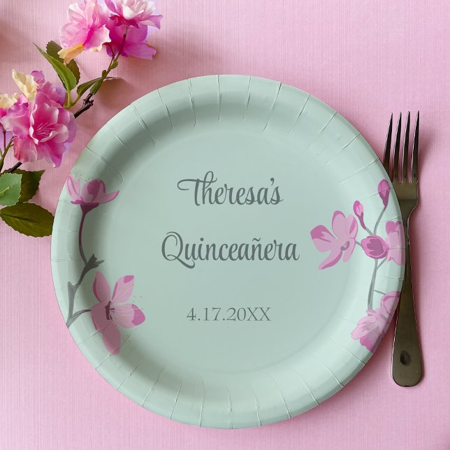 Pink and Mint Green Cherry Blossom Quinceanera Paper Plate (Creator Uploaded)