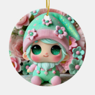 Pink and Mint Green Cute Gnome with Flowers Ceramic Tree Decoration