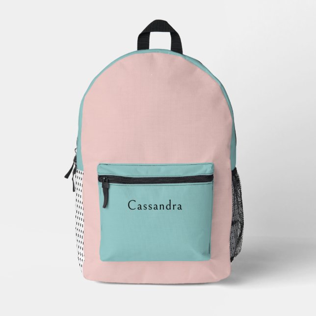 Pink and Mint Green Personalised Name Printed Backpack (Front)