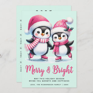 Pink and Mint Merry and Bright Penguin Christmas Holiday Card