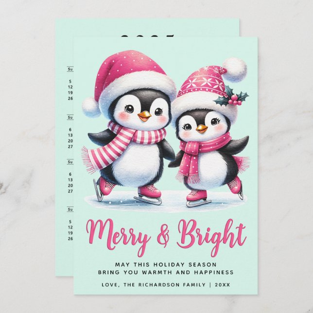 Pink and Mint Merry and Bright Penguin Christmas Holiday Card (Front/Back)