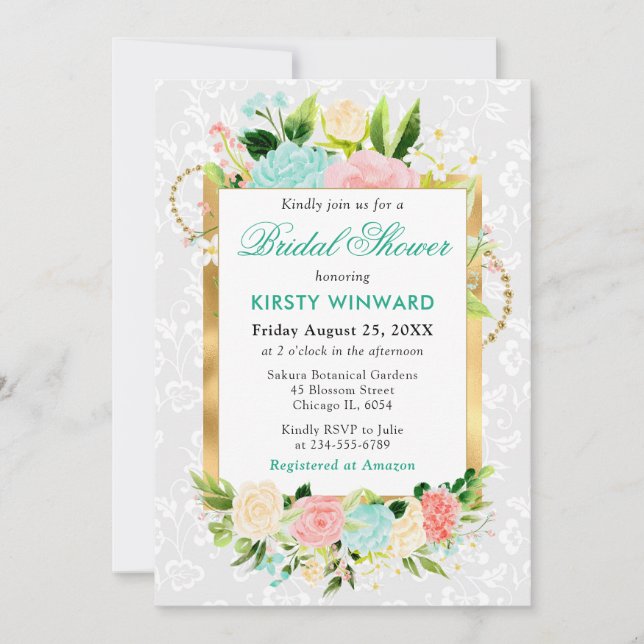 Pink and Mint Summer Flowers Gold Bridal Shower Invitation (Front)