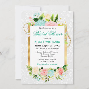 Pink and Mint Summer Flowers Gold Bridal Shower Invitation