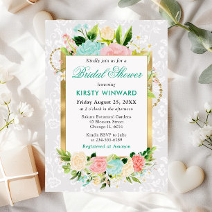 Pink and Mint Summer Flowers Gold Bridal Shower Invitation