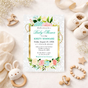 Pink and Mint Summer Flowers Gold Foil Baby Shower Invitation