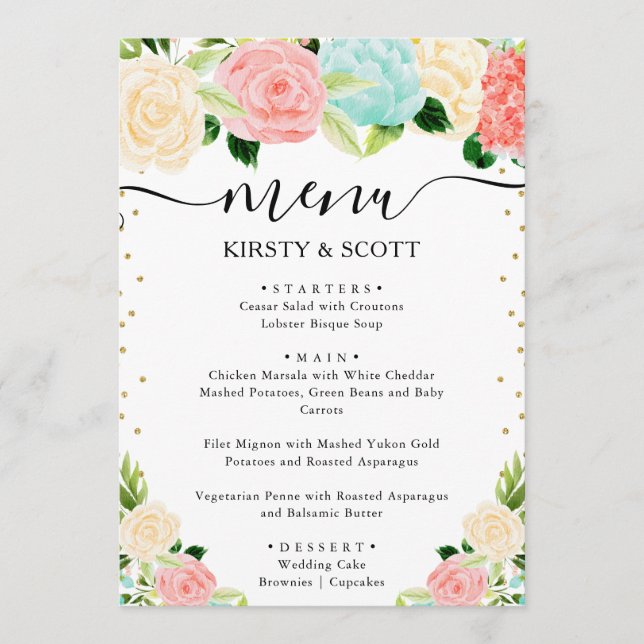 Pink and Mint Summer Flowers Wedding Menu (Front)
