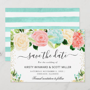 Pink and Mint Summer Flowers Wedding Save The Date