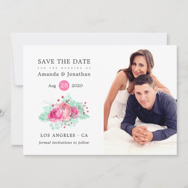 Pink and Mint Tropical Glitter Floral Wedding Save The Date (Front)