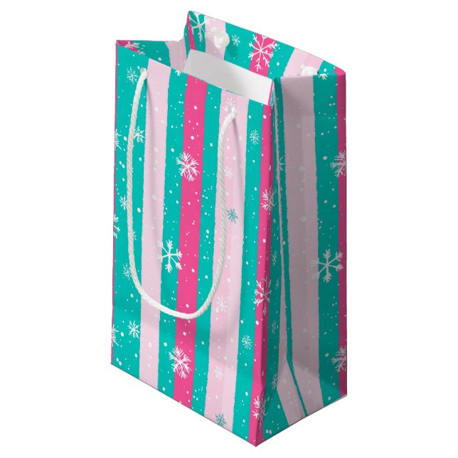 Pink and Mint Vertical Striped Snowflake Small Gift Bag (Front Angled)