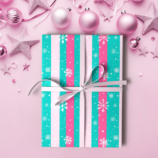 Pink and Mint Vertical Striped Snowflake Wrapping Paper