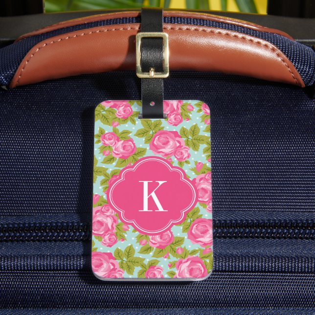 Pink and Mint Vintage Roses Monogram Luggage Tag (Front Insitu 2)