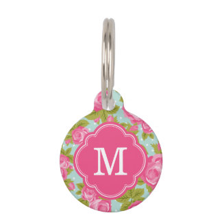 Pink and Mint Vintage Roses Monogram Pet Tag