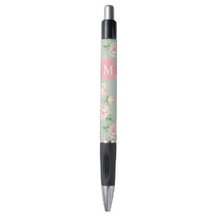 Pink and Mint Vintage Roses Pattern Monogrammed