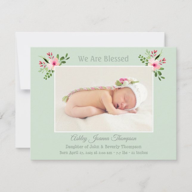 Pink and Mnt Floral Baby Girl Photo Birth Announcement (Front)