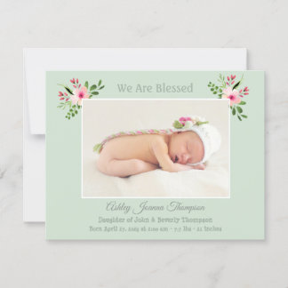 Pink and Mnt Floral Baby Girl Photo Birth Announcement