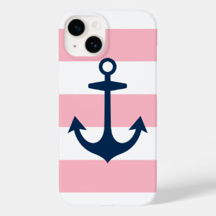 Pink and Navy Blue Anchor and Stripes Pattern Case-Mate iPhone 14 Case