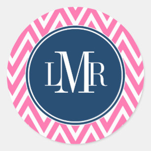 Pink and Navy Blue Chevrons Monogram Classic Round Sticker