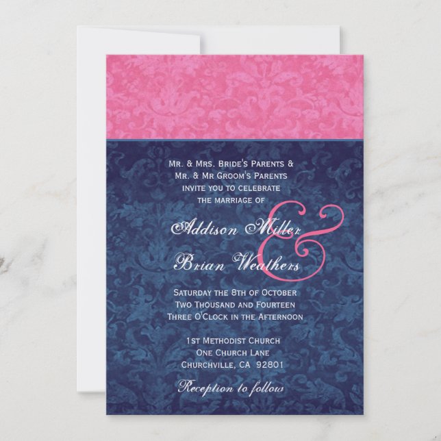 Pink and Navy Blue Damask Wedding Metallic Invitation (Front)