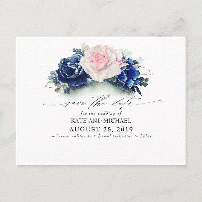 Pink and Navy Blue Floral Boho Save the Date Postcard (Front)