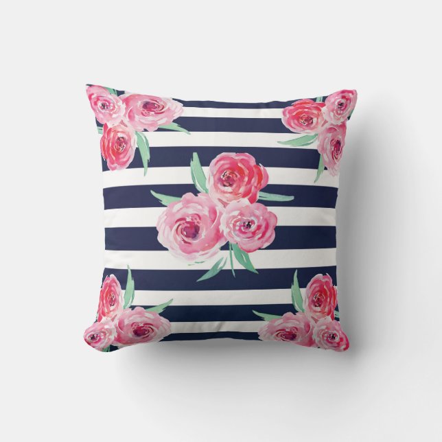 Pink and Navy blue floral Pillow (Front)