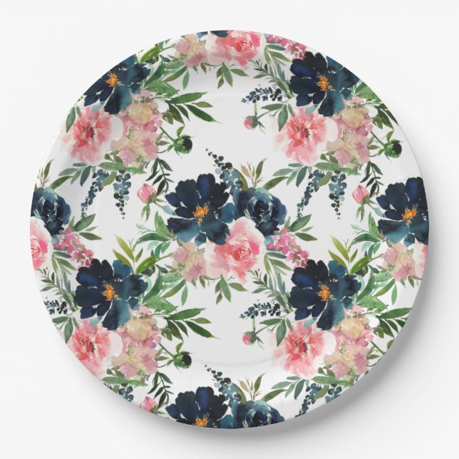 Pink and Navy Blue Floral Roses Wedding Paper Plate (Front)