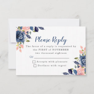 Pink and Navy Blue Floral Wedding RSVP Cards