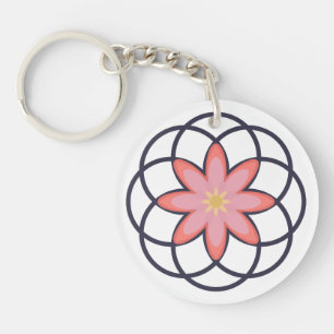 Pink and Navy Blue Flower Design Acrylic Key Ring