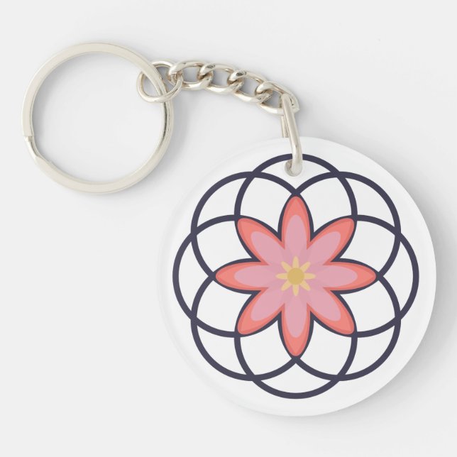 Pink and Navy Blue Flower Design Acrylic Key Ring (Front)