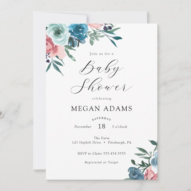 Pink and Navy Blue Flowers Baby Shower Invitation (Front)