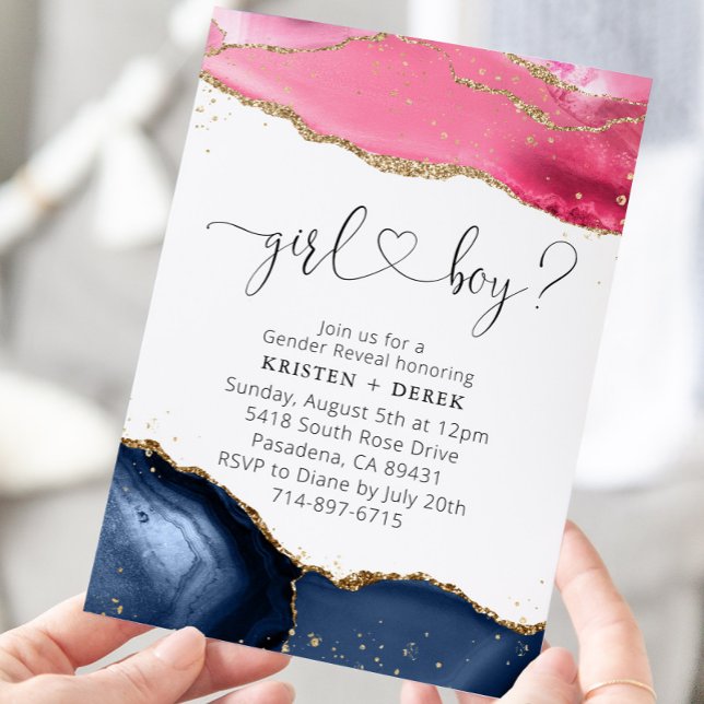 Pink and Navy Blue Geode Watercolor Gender Reveal Invitation (Creator Uploaded)