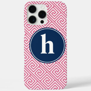 Pink and Navy Blue Greek Key Pattern Monogram iPhone 16 Pro Max Case