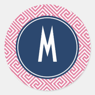 Pink and Navy Blue Greek Key Pattern Monogram Classic Round Sticker