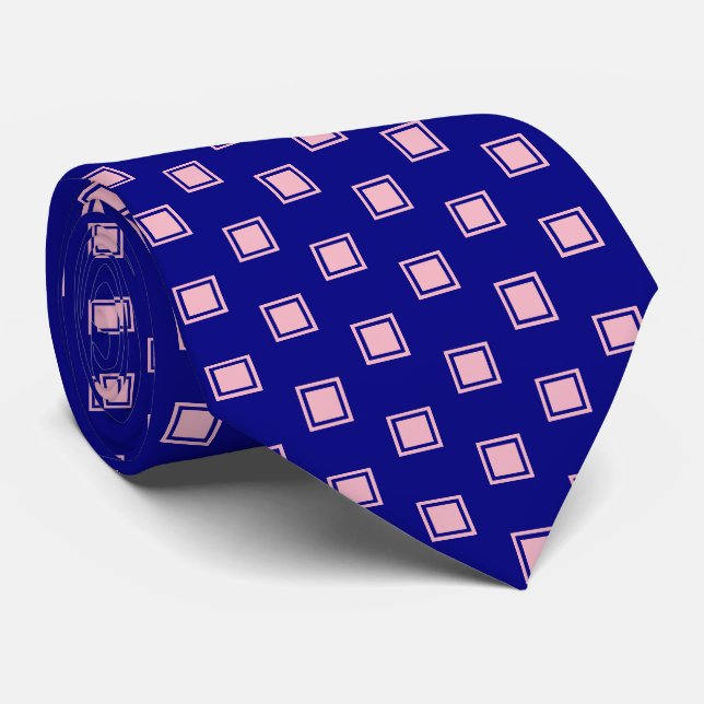Pink and Navy Blue Square Pattern Men's Tie (Rolled)