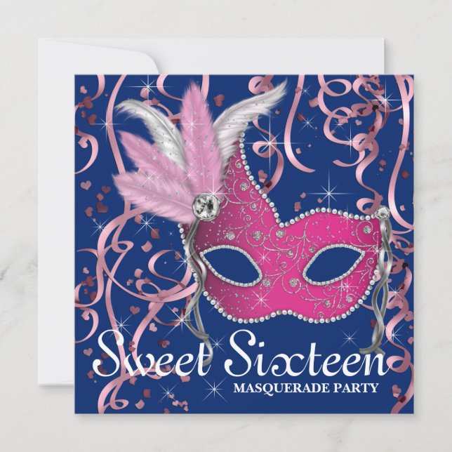 Pink and Navy Blue Sweet Sixteen Party Invitation (Front)
