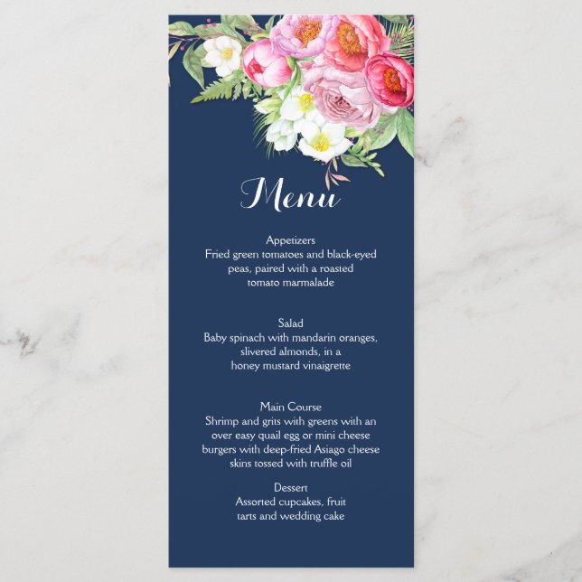 Pink and Navy Blue Watercolor Flowers Menu Cards (Front)