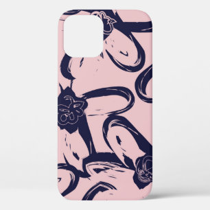 Pink and Navy Floral brush strokes seamless patter iPhone 12 Case