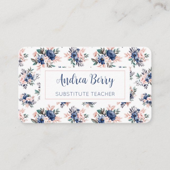 Pink and Navy Floral  Business Card (Front)