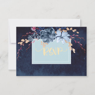 Pink And Navy Floral Watercolor Wedding RSVP Card
