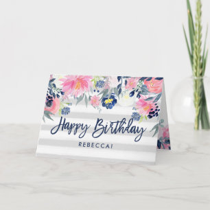Pink and Navy Flowers   Stripes Happy Birthday Card