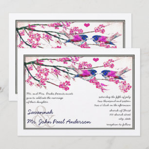 Pink and Navy Love Bird Cherry Blossom Wedding Invitation