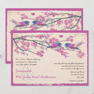 Pink and Navy Love Bird Cherry Blossom Wedding Invitation
