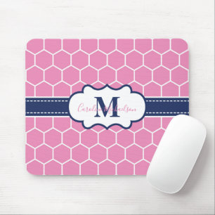 Pink and Navy Monogram Geometric Pattern  Mouse Pad