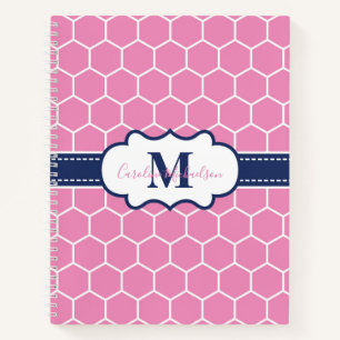 Pink and Navy Monogram Geometric Pattern Notebook