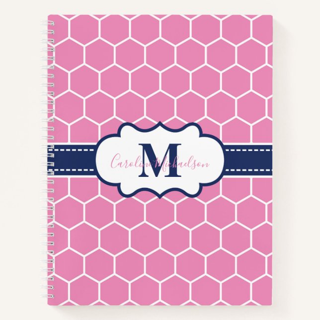 Pink and Navy Monogram Geometric Pattern  Notebook (Front)