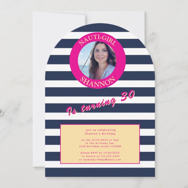 Pink and Navy Nautical Stripes Birthday Party Invitation (Front)