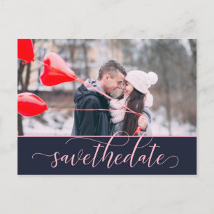 Pink and Navy Ornate Script 2-Photo Save The Date Postcard